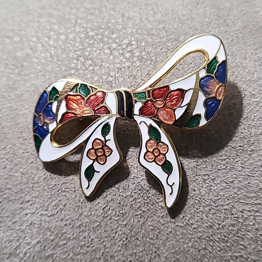 Vintage 1980's Gold Tone Cloisonne Bow Brooch Floral Enamel - Picture 11 of 11